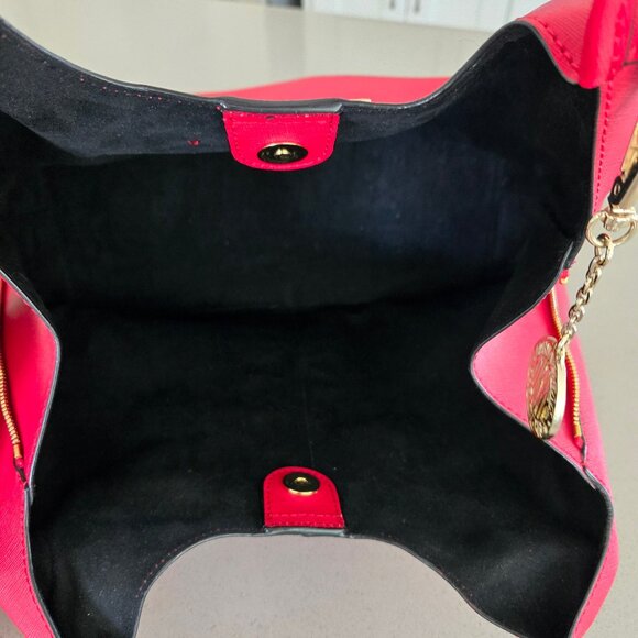 DKNY Red Genuine Leather Zip Side Tote Bag with Pouch Black Interior Gold Logo - Picture 15 of 17